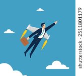 Businessman flying rocket booster or jetpack engine. Success booster or accelerate career growth business concept illustration