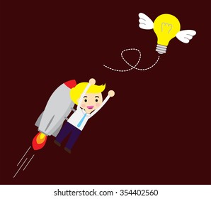 Businessman flying rocket with catching light bulbs which are flying in the air. Idea business concept. Vector illustration, light bulb with wings, flat design. Concept for web design, infographic