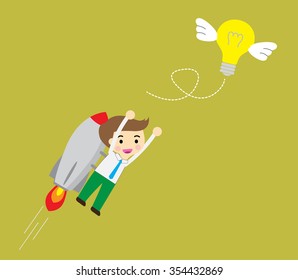 Businessman flying rocket with catching light bulbs which are flying in the air. Idea business concept. Vector illustration, light bulb with wings, flat design. Concept for web design, infographic