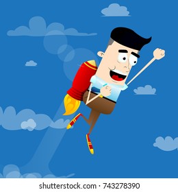 Businessman flying up with a rocket engine. Start up business concept. Vector cartoon character illustration.