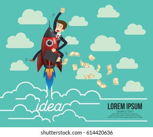 Businessman flying up with a rocket idea engine. Concept business, Start up vector illustration