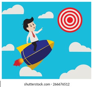 Businessman flying rocket and point to aim,businessman concept.