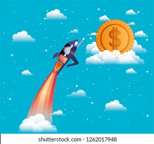 businessman flying in rocket start up