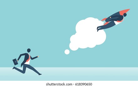 Businessman flying with a rocket to successful and another one is running. Business concept vector design.