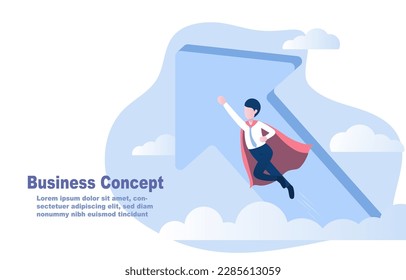 Businessman flying up to the sky with arrow to success. Symbol of progress and growth. Professional characters become stronger. Success and motivation concept. Flat vector illustration.