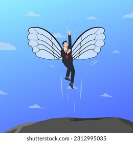 Empresario volando en el cielo. Ilustración vectorial del concepto de libertad de negocios