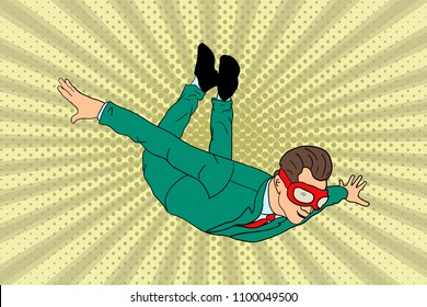 The businessman is flying. sky diving. pop art style