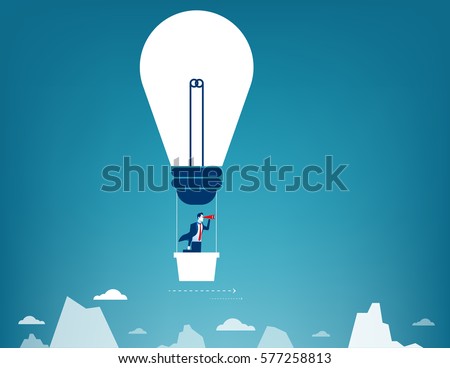 Businessman flying in the sky on hot air balloon. Looking over mountain peaks. Concept business illustration. Vector flat