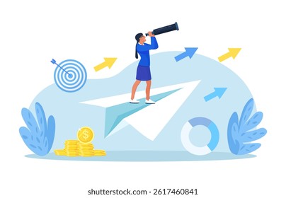 Businessman flying in the sky on a paper plane and looking through binoculars. Business navigation. Leadership, business growth and development. Character looking for opportunities. Search new idea