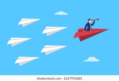 Businessman flying in the sky on a paper plane and looking through binoculars. Leadership, business growth and development concept, flat vector cartoon illustration.