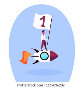 Businessman flying space rocket first place flag success project startup achievement concept business man team leader full length flat vector illustration