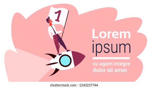 Businessman flying space rocket first place flag success project startup achievement concept business man team leader full length flat horizontal copy space