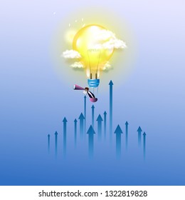 Businessman flying with Spyglassin in a hot air balloon. Concept illustration