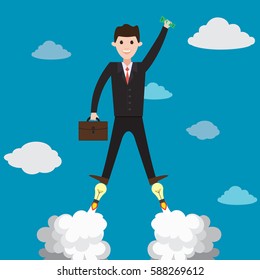 Businessman Flying up to Success into the sky on bulbs among the clouds. Successful startup and idea. Business concept vector illustration.
