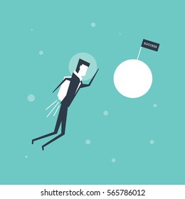 Businessman flying to successful entrepreneurs planet. vector