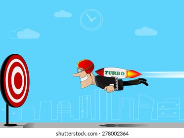 businessman flying to target by rocket. Success concept