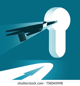 Businessman flying through a  keyhole. Conceptual vector illustration