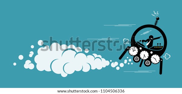 Businessman flying in a\
time machine going to the future or past. Vector artwork depicts\
time machine, back to the past, changing history and finding out\
about the future.