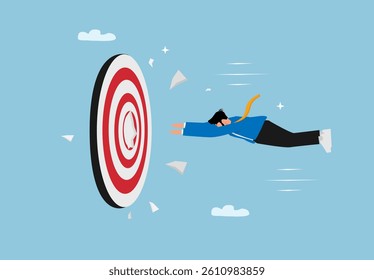 Businessman Flying Toward Target to Reach Goal. Concept of Ambition and Success