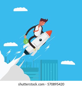 A businessman Flying towards new goals on a rocket with a bag of money in his hand