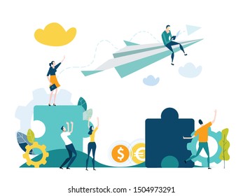Businessman flying towards the success. His  team, friends supporting and cheering him. Sharing success together 
