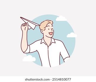 Businessman flying toy airplane as metaphor for aiming for business success. Hand drawn style vector design illustrations.