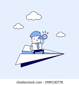 Businessman is flying while using telescope. Cartoon character thin line style vector.