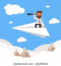 Businessman is flying while using telescope