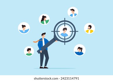 Businessman focus with magnifying glass on customer, user, or people