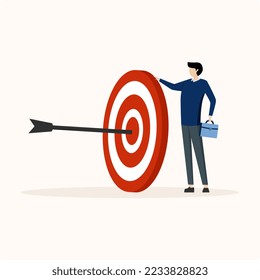 Businessman focus on big archer target. Stay focused and concentrate on business goals, goals or targets, focus on goals concept.