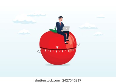 Businessman focus on working with laptop computer sitting on Pomodoro tomato timer stopwatch, Pomodoro technique to increase work productivity, set timer to focus work and break or rest (Vector)