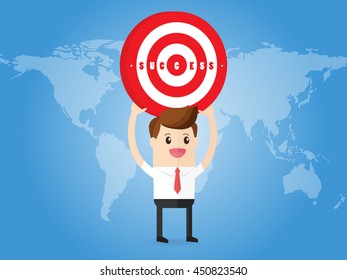 businessman focus successful target carrying dartboard on world map background