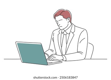 Businessman focused on his laptop while seated at a desk, engaged in work-related tasks doodle continuous line art vector illustration on white background