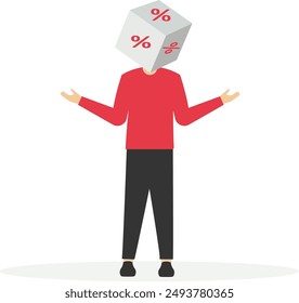 Businessman with folded arms stands with cube block with percentage symbol icon of his head. Interest, financial and mortgage rates. Vector illustration

