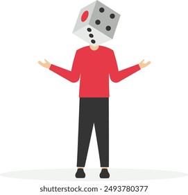 Businessman with folded arms stands with a large casino dice instead of his head. Casino and gambling. Business risk. Bets and revenues.

