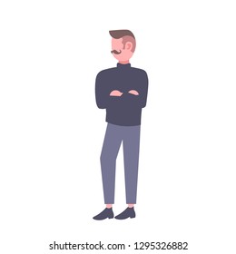 businessman folded hands standing pose casual business man mustaches trendy haircut full length male cartoon character flat isolated