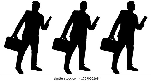 Businessman with a folder and a briefcase. Man in a business suit is walking, running. Office workers go, run, move one after another. Three male black silhouettes isolated on a white background.