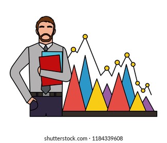 businessman with folder papers and statistic chart business