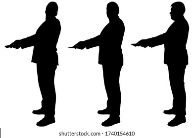 Businessman with a folder. Three men in business suits are standing next to each other, in line, holding out their hands with documents. With both hands hold on to the documents. Black silhouettes.