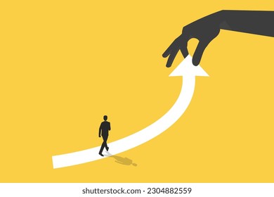 Businessman follow a arrow for business opportunities. visionary leadership different business routes. Symbol of ambition, motivation and long road ahead