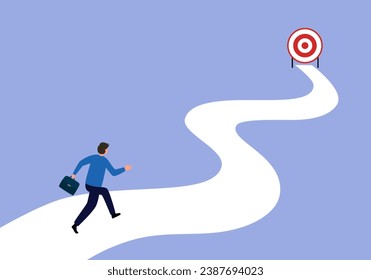 Businessman follow a path for business goal. Symbol of ambition, motivation and long road ahead to success.