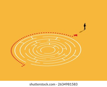 Businessman follow a simple arrow path in solving a maze puzzle