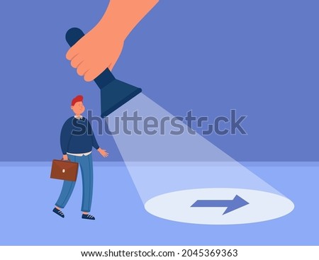 Businessman following arrow sign under light of flashlight. Huge hand guiding business person or detective searching for solution of problem flat vector illustration. Achievement, guidance concept Stock photo © 