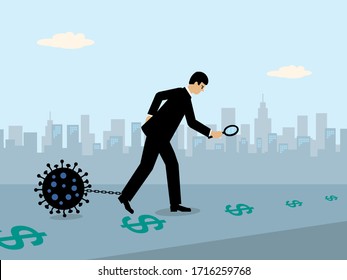 A businessman following a money trail of Dollar symbols while a large Covid-19 virus is attached to a chain on his leg. A metaphor on the Covid-19 virus and its economic drag on the economy.