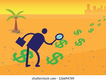 A businessman following a trail of Dollar symbols to the city.