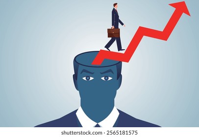the businessman follows the arrow growing out of the brain upwards