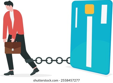 businessman with foot chained to bank credit card trying to escape. vector illustration on credit card debt concept

