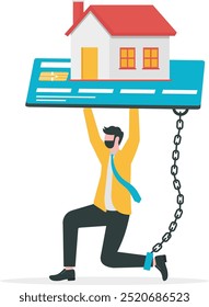 businessman with foot chained to home credit card debt concept

