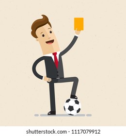 Businessman with football and yellow card in hand. Concept business illustration.