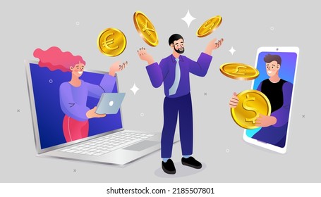 Businessman with foreign currency. Savings or income increase, growth. Business Coach Explaing Finance Strategy. Social network landing page. Flat design vector outline Illustration.